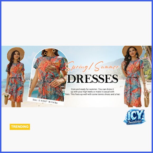 Summer Dress with Pockets, Short Sleeve, Tie Waist Casual Sundress - Picture 7 of 7